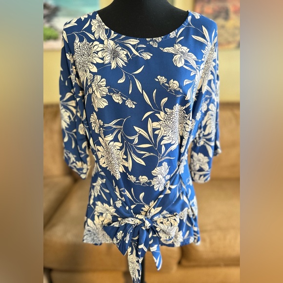 West Kei Tops - West Kei Blue and White Tie Front Blouse